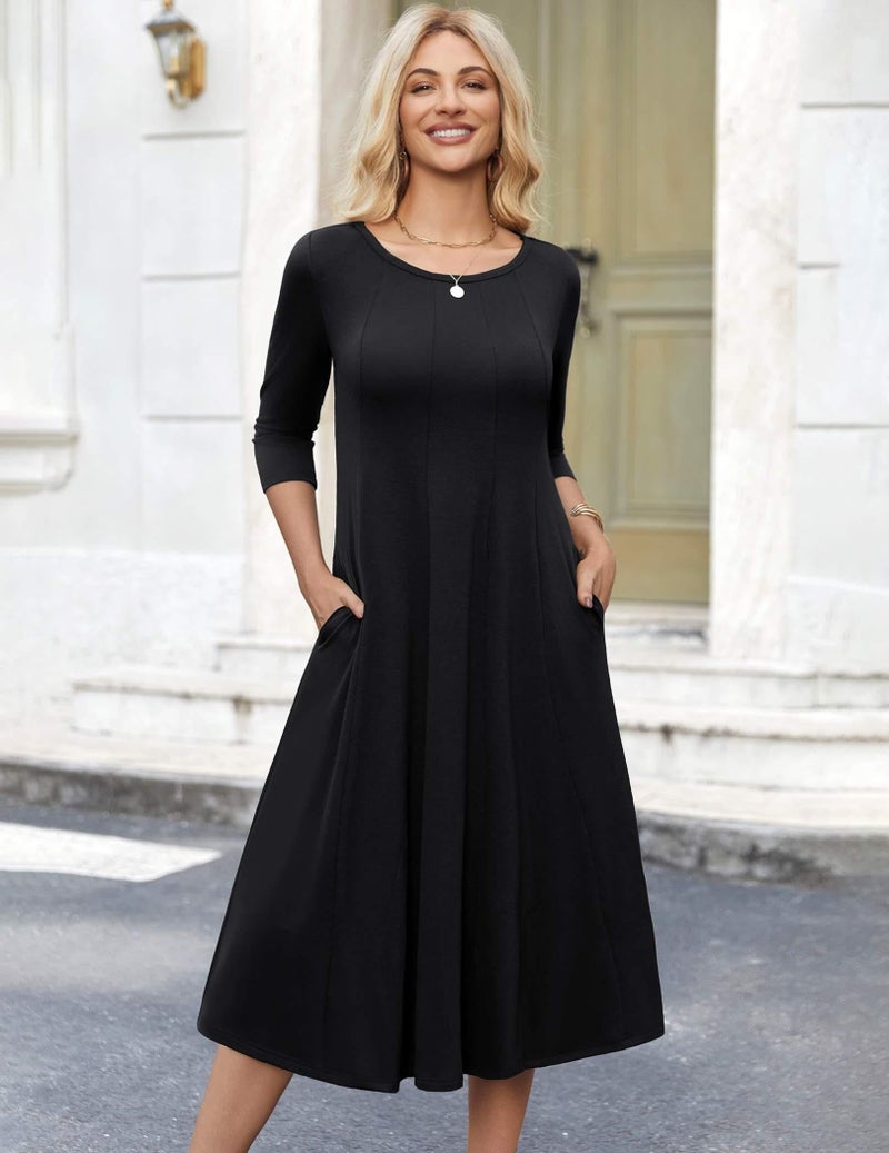 HOTOUCH Women's 3/4 Sleeve Dress Casual Pleated Tshirt Dress Womens Black Summer Dresses(Black L) - Image 4